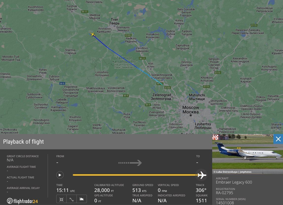 Портал Flightradar24 опубликовал отчет о перемещениях самолета Пригожина